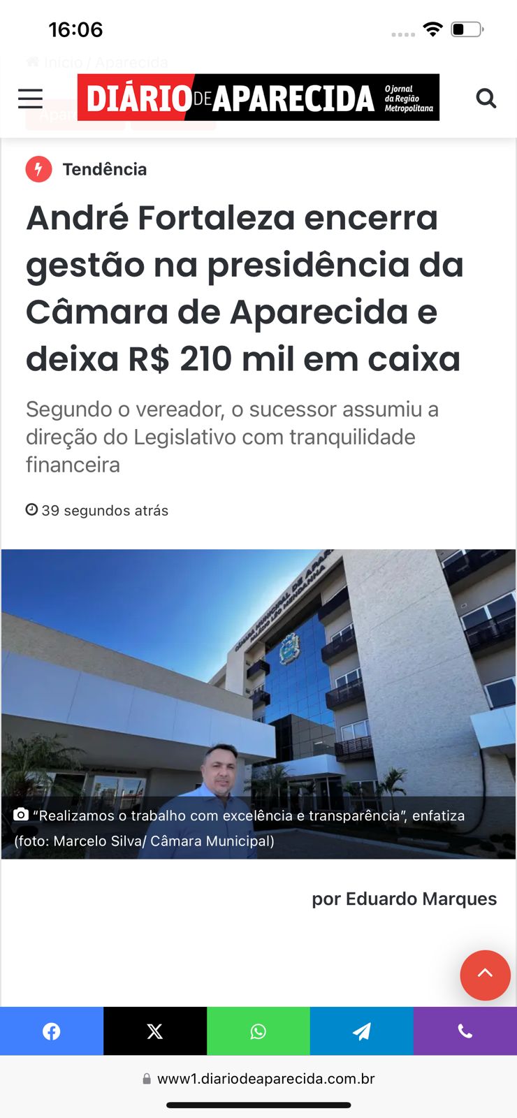 André Fortaleza encerra gestão na presidência da Câmara de Aparecida e deixa R$ 210 mil em caixa